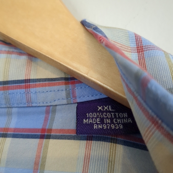 Alan Flusser Shirt Mens XXL Blue and Tan Plaid Casual Buisness Cotton Long - Picture 4 of 7